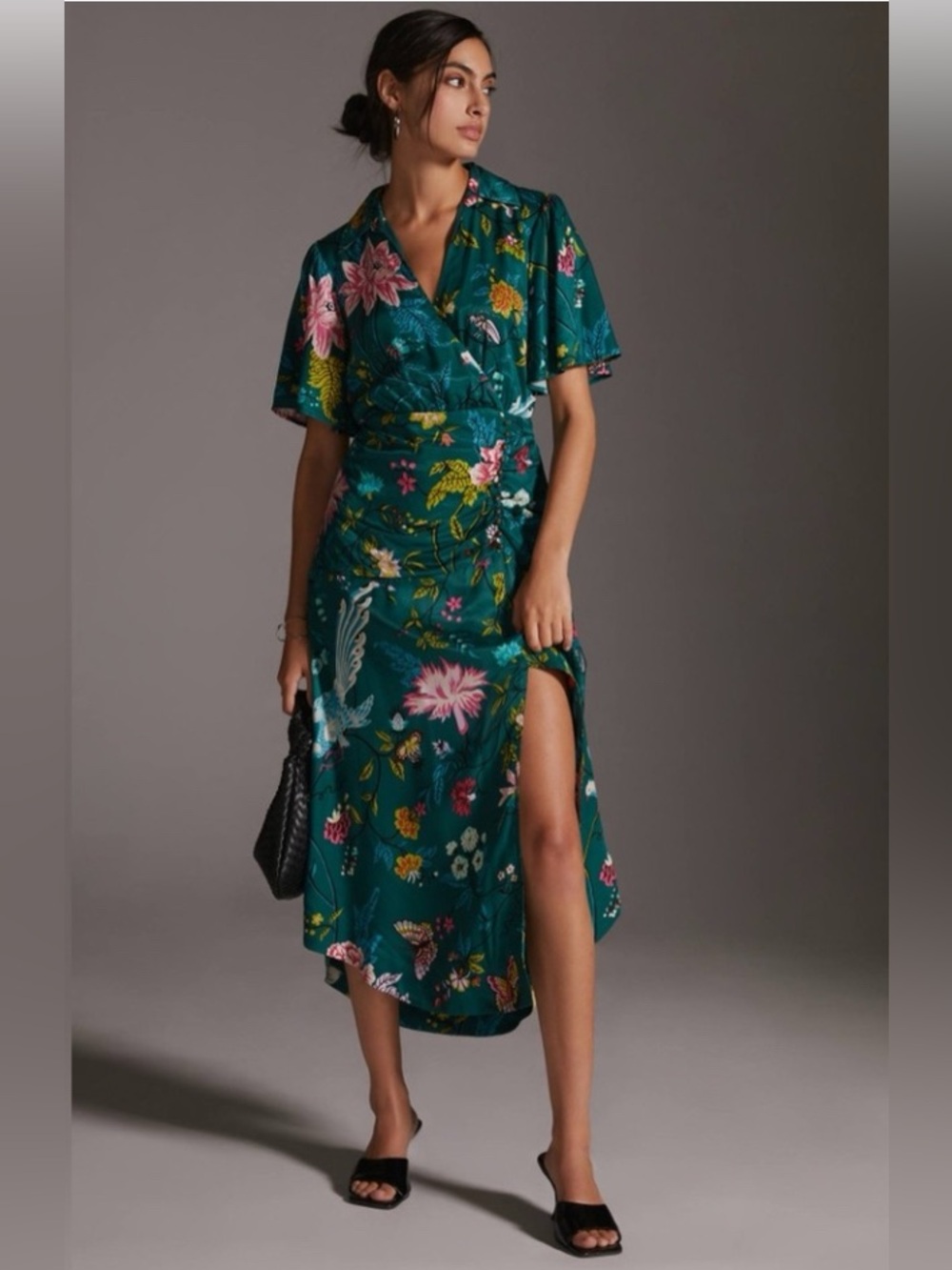 Anthropologie Maeve Floral Button Front Wrap Shirt Dress Size 8 Green Boho - Picture 4 of 15